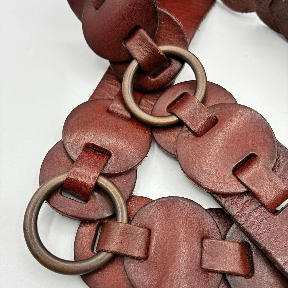 Fossil Brown Leather Belt Womens S Linked Disc Antique Brass Boho Festival